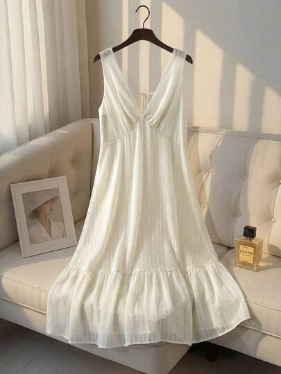 GlowEve CURVE 大码女式无袖杏色纹理长连衣裙，简约风格，春夏款