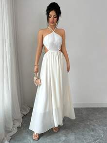 SHEIN Elenzya 女士优雅休闲通勤性感度假镂空露背吊带修身长裙 - 杏色 - 查看 8