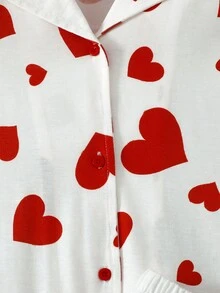 SHEIN 少女纯色爱心图案 Polo 领开衫和针织休闲短裤两件套家居服 - 白色 - 查看 5