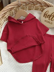 Babygirl Cute Simple Solid Color Knit Elastic Short Sleeve Hoodie Top And Drawstring Waist Pants Set,Kids - Red - View 3