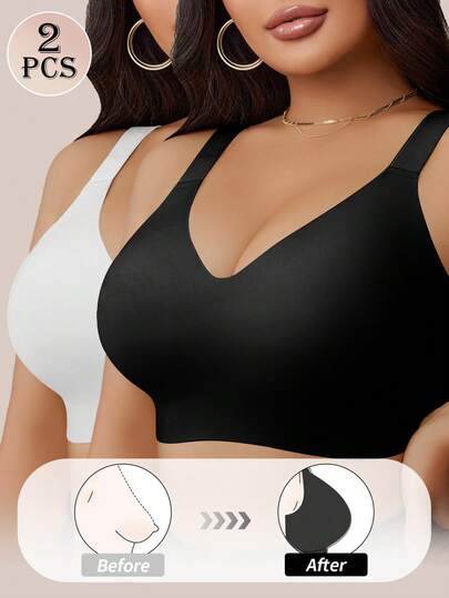 NudeFit 2pcs Plus Size Women Seamless Jelly Stripe Soft Support Wireless Bra, Lift And Enhance Bust, Removable Pads