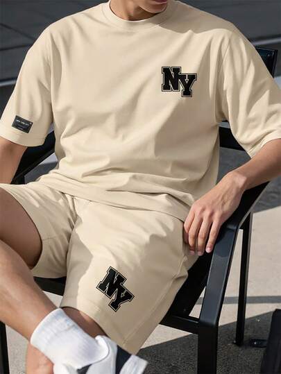 Manfinity Homme 男士休闲字母印花T恤短裤两件套，夏季