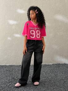 Camiseta corta casual de punto con cuello en V y gráfico numérico para niña preadolescente - Rosa - Ver 2