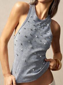 Bohemela Áo tank top dệt kim đính đá thủ công bóng bẩy phong cách Boho cho nữ - Xám - Xem 2