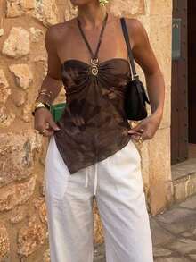 Aloruh 女士褶皱不对称下摆露背复古扎染印花吊带背心，适合夏季海滩度假、波西米亚热带度假村音乐节、乡村音乐会、伊比沙岛、纳什维尔等场合，打造西部牛仔风、波西米亚街头风、热带性感风，是夏季可爱上衣、女士夏季穿搭、吊带背心和夏季女士上衣的理想之选。 - 棕色 - 查看 2