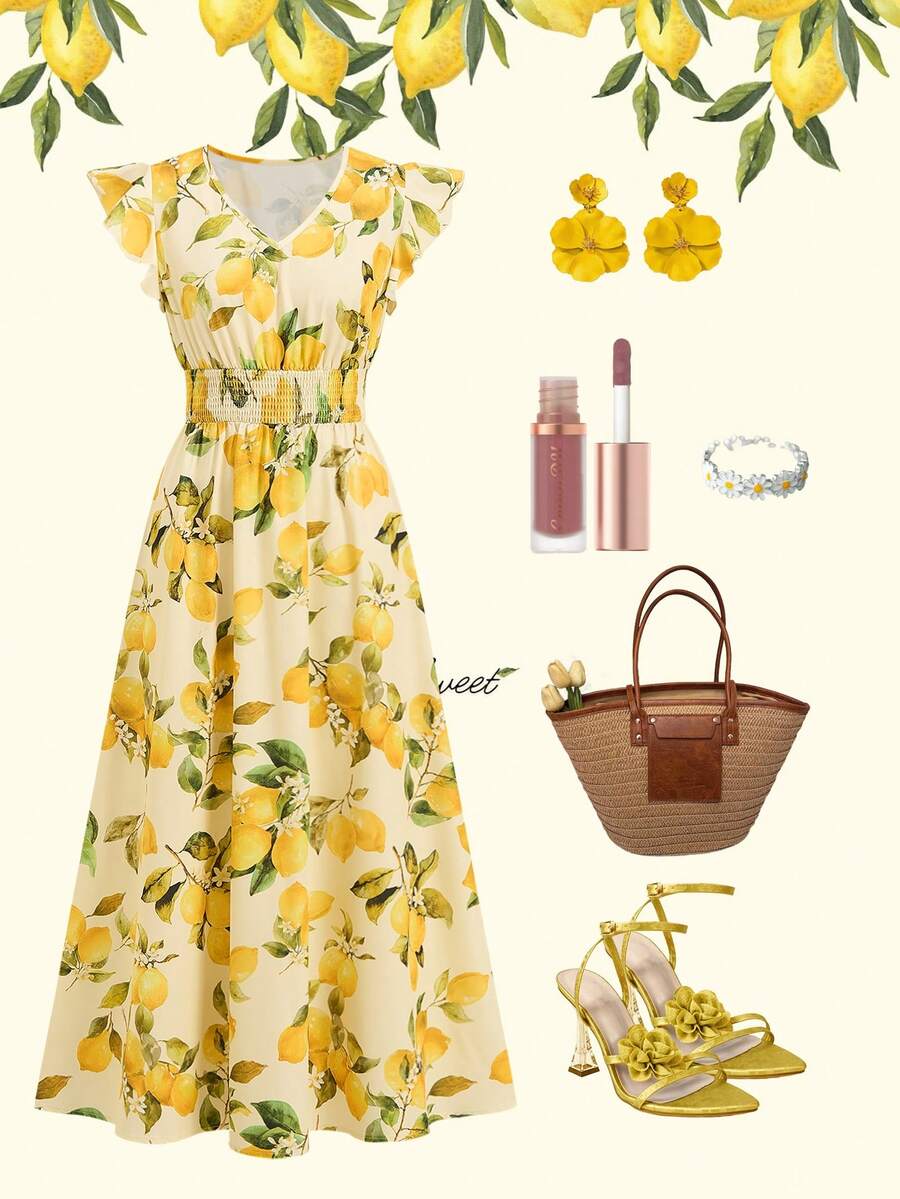 Ellevyn 柠檬印花褶皱短袖连衣裙 - 黃色 - 查看 1