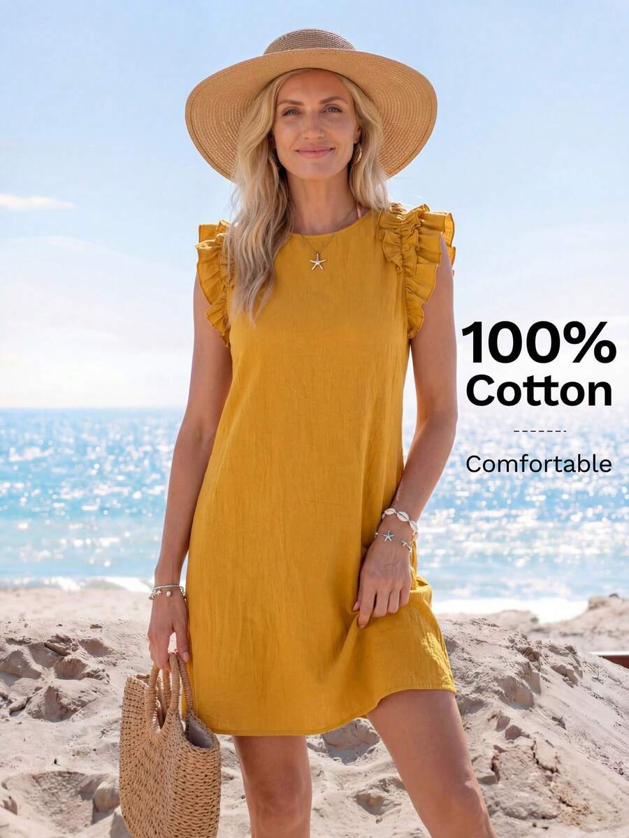 Sylviya 女士度假风纯色荷叶边修身迷你连衣裙，度假风 - 黃色 - 查看 1