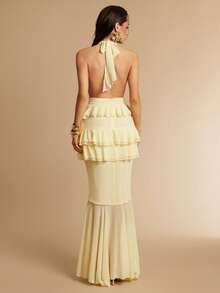 Silquee Vestido de mujer amarillo pálido con escote en V profundo, espalda descubierta y volantes multicapa, elegante para verano, vacaciones, playa, boda, fiesta, lujoso vestido de noche y de dama de honor - amarillo ganso - Ver 2