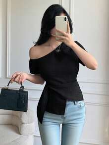 优雅系结肩领设计休闲修身女式衬衫 - 黑色 - 查看 5