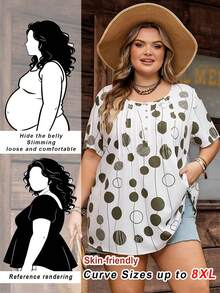SHEIN CURVE+ Taille courbe US22 Femmes d'été Chemise à col rond à manches courtes imprimée de pois pour festival de musique, vacances au bord de , style bohème - Multicolore - Voir 11