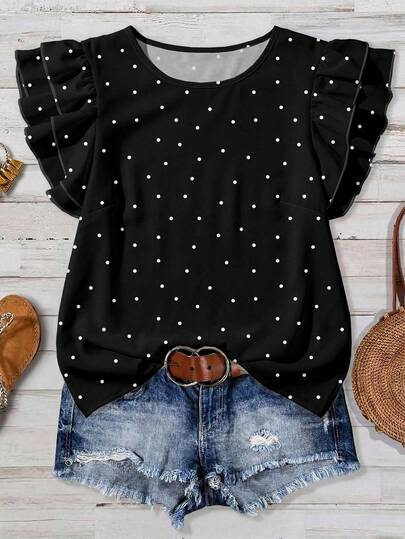 EMERY ROSE Blusa de talla grande con estampado de lunares elegante y retro