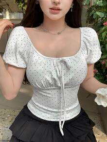 DAZY Women's Polka Dot Twist Fitted Casual Daily Short Sleeve T-Shirt - White - View 8