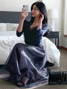 DAZY 2pcs Navy Blue Mesh Bodycon T-Shirt Set For Women - Navy Blue - View 7