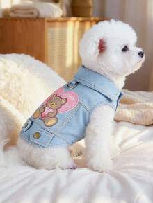 PETSIN 1 Piece Of Pet Clothing, Suitable For Cats, Dogs, And All Ages. Cute Embroidered Teddy Bear Cartoon Pattern Blue Jacket - Blue - View 5