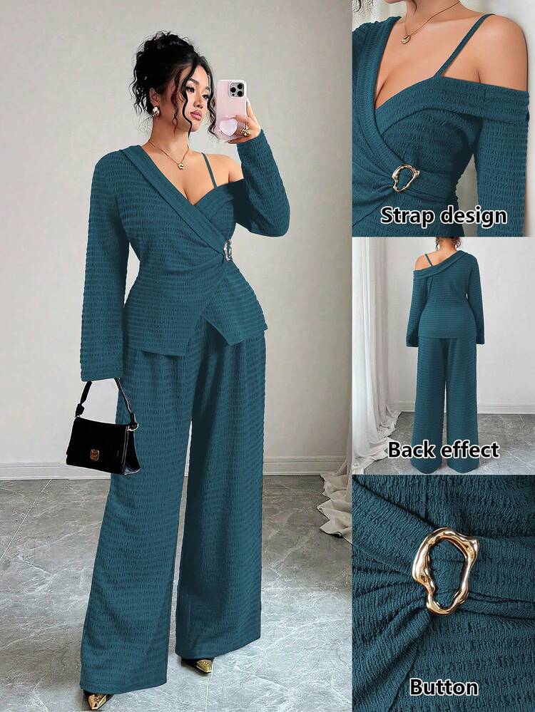 Elenzga Conjunto de 2 piezas de talla grande para mujer, estilo francés, casual y elegante, con blusa de manga larga y pantalones, para otoño/invierno - Agua verde azul - Añade 1