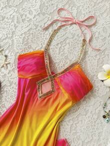 Soleia 女士夏季度假亮片拼接镂空露背鱼尾裙 - 彩色 - 查看 4