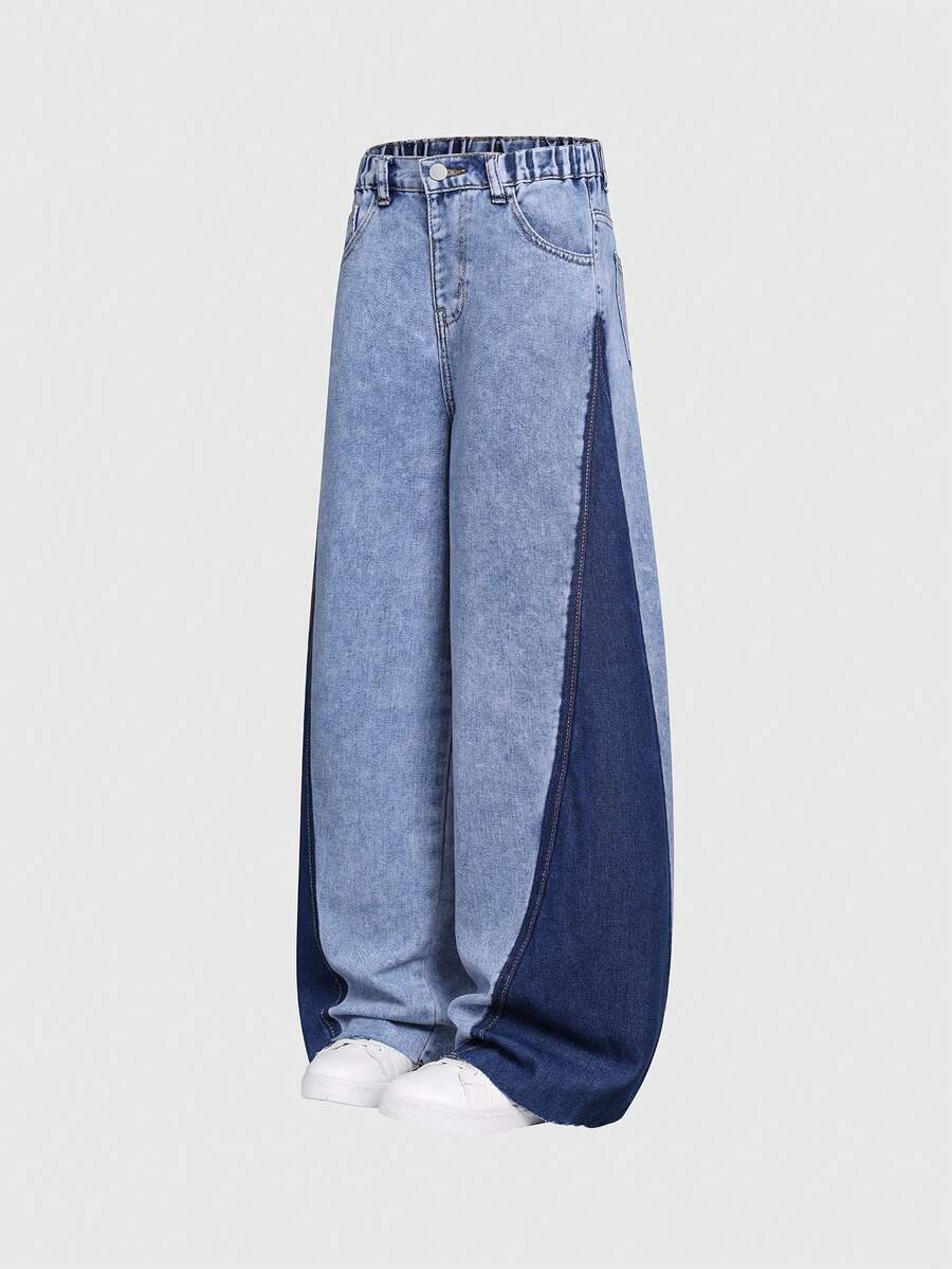 Y2K Style Tween Girl Wide Leg Loose Fit Distressed Hem Straight Leg Jeans, Versatile For Casual Wear, Hanging Out, Parties, Vacations - Fashionable Multi-Pocket Holiday Denim Pants - Multicolor - View 1