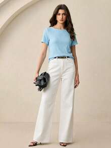 BizChic 女士露肩短袖基础款上衣，适合多种场合：Y2K、办公、正式场合、优雅都市通勤、休闲、浪漫90年代复古风、派对礼服、毕业典礼、百搭、简约、婚礼宾客、伴娘、主持人、外出、社交、约会、派对、音乐会、毕业典礼、早午餐、机场 - 藍色 - 查看 4