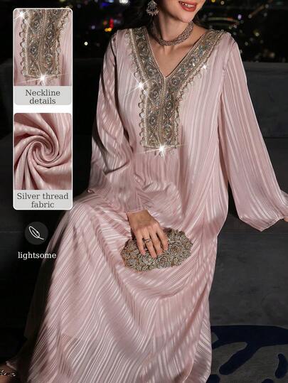 Layrah Women's Spring/Summer Pink Woven Jacquard Long Sleeve Embroidered Sequin Collar Floral Shell Tape Elegant Romantic Turkish Abaya & Arabic Traditional Maxi Dress Abayas Dubai Luxury Luxury Dress For Women Butterfly Abaya Abaya Dress Abaya For Women Dubai Middle Eastern Traditional Global Modest Evening Wear Pink Flowy Maxi Formal Dress Soft Blush Pink Hue Luxury Evening Aesthetic Lightweight Flowy Silhouette Traditional Middle Eastern Style Middle Eastern Spring Festival Wear Spring Formal & Fest