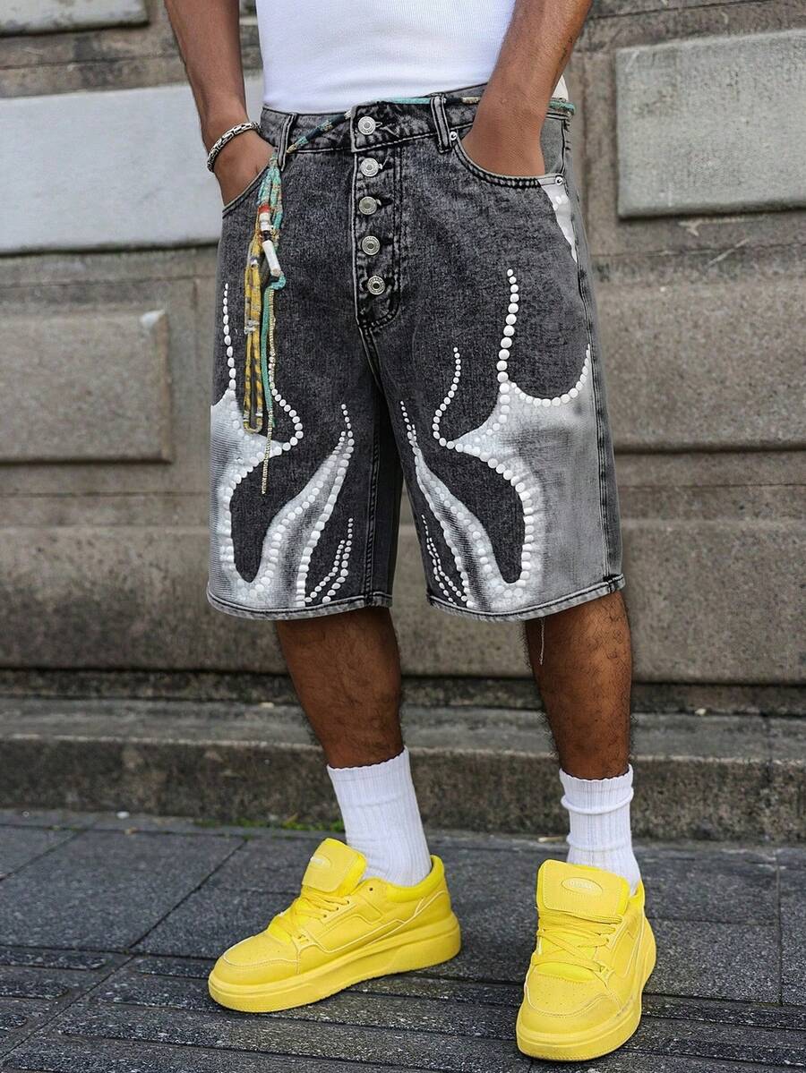 Manfinity EMRG Men's Button Front Pocket Loose Casual Denim Capri Pants - Dark Grey - View 1