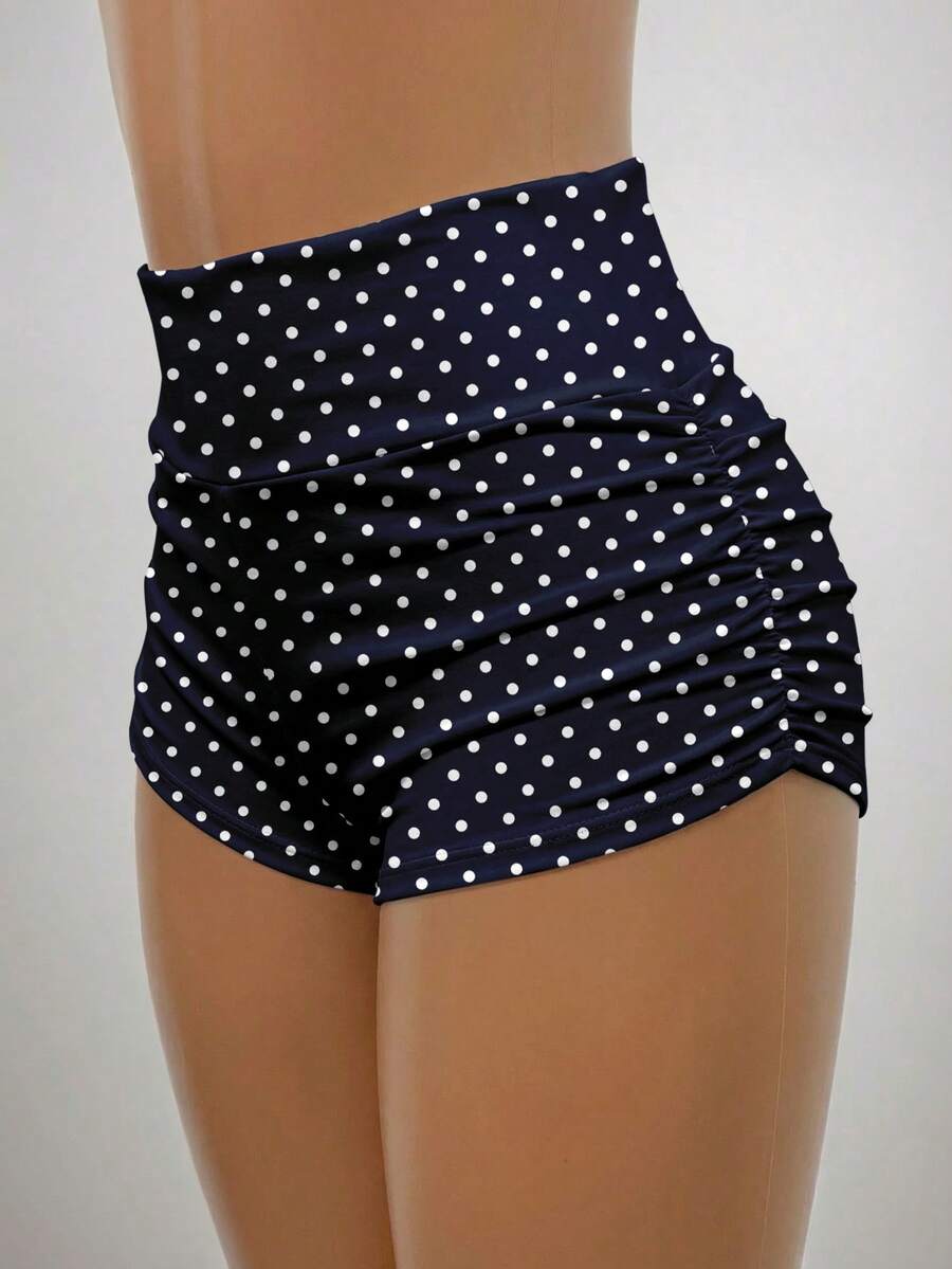 SHEIN EZwear 女士纯色褶皱骑行短裤，夏季骑行、瑜伽运动蓝白波点印花波点短裤泳衣高腰收腹女士短裤 - 彩色 - 查看 1