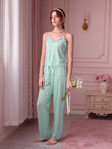 Bonmuse Ruffle Trim Polka Dot Print Camisole And Long Pants Pajama Set Polka Dot Pajama Set Women Nightwear Pajama Sets For Women Sleeveless Sleeveless Pajama Set Women Pajama Set - Green - View 7