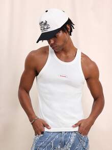 SUMWON Mens Classic White Ribbed Tank Top With Small Logo Chest Print Casual Sleeveless Undershirt Summer Wardrobe Essential - White - View 4