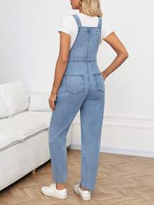 SHEIN 孕妇休闲宽松牛仔背带裤，带口袋 - 藍色 - 查看 2