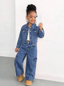 Bộ 2 món gồm áo khoác dài tay cổ bẻ và quần ống rộng bằng vải denim kaki cho bé gái. - Rửa nhẹ - Xem 5