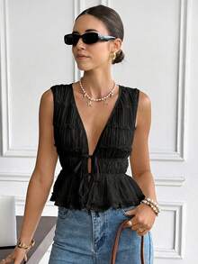 Serisse Women's Solid Color V-Neck Tie Front Casual Versatile Daily Wear Top,Summer Top - Black - View 5