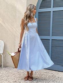 SHEIN Frenchy 女士休闲格子无袖中长连衣裙，适合度假穿着 - 藍白色 - 查看 4