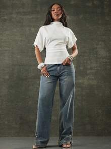 Denimoi High Neck Cinched Waist Top Fashionable Spring Summer Tops Brunch Outfit Everyday Wear - White - View 3