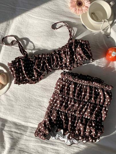 Comfortcana Bộ đồ đi biển chấm bi dành cho nữ, gồm áo hai dây và quần short, gồm 2 mảnh, bộ đồ bơi mùa hè cho nữ, trang phục mùa hè 2 mảnh cho nữ.