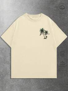 ROMWE MEN Goth 男士字母和植物印花圆领休闲短袖T恤 - 杏色 - 查看 1