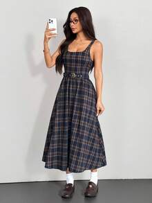 SHEIN PETITE 女士格子吊带连衣裙，教师装，休闲连衣裙，秋季连衣裙，7月4日女士服装，长裙 - 彩色 - 查看 3