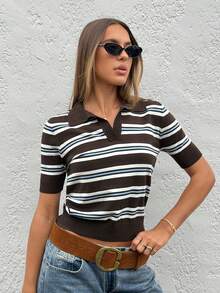 Muchica Women's Striped Casual Versatile Daily Wear Knit Short Sleeve Top - Multicolor - View 3