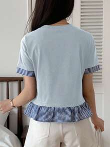 DAZY Áo thun nữ mùa hè cổ tròn tay ngắn kẻ caro phối màu dáng ngắn dễ thương - Màu xanh nhạt - Xem 4