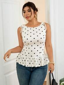 Lounesse 大码女式黑色波点系带肩部设计休闲T恤，修身下摆宽松版型，日常百搭上衣 - 黑與白 - 查看 4