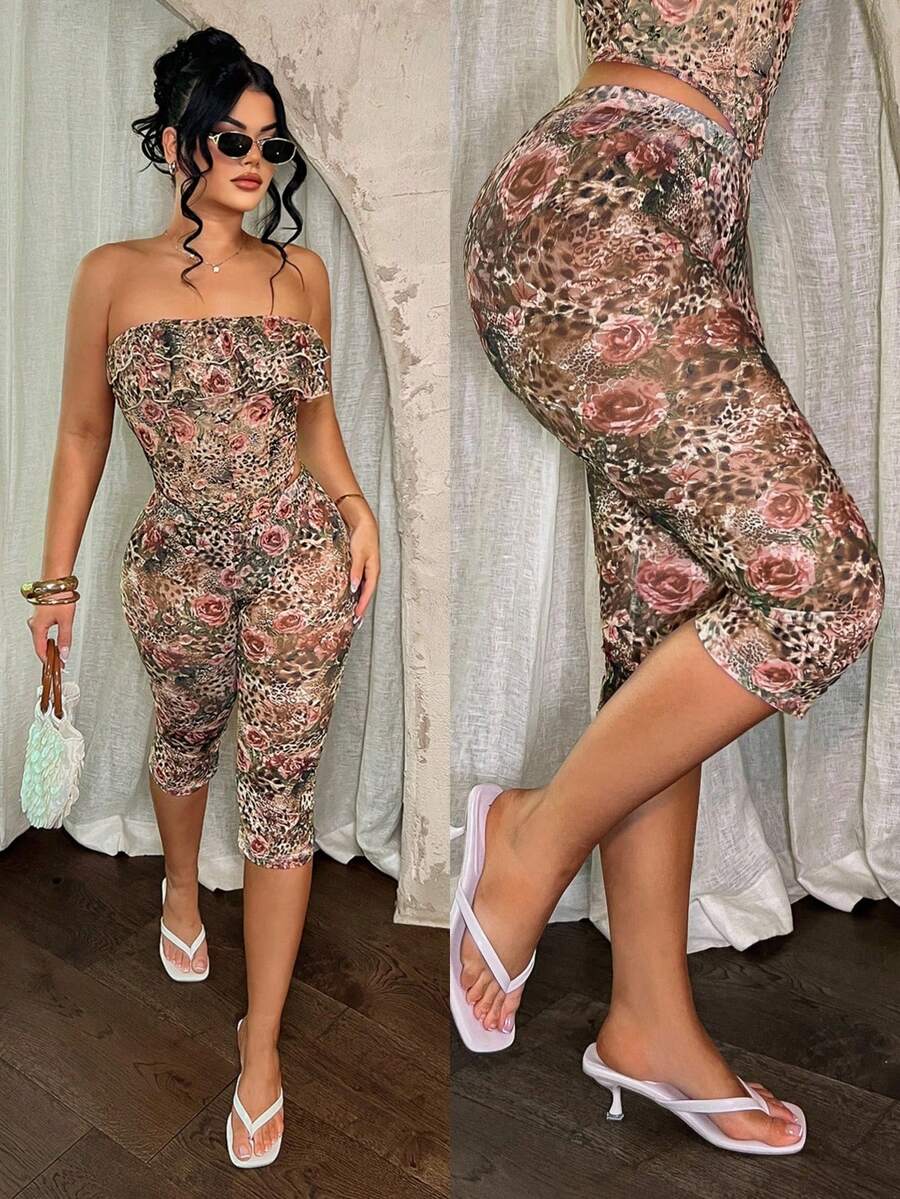 SHEIN SXY Women's Leopard & Floral Print Cropped Leggings,Summer ,Spring ,Vacation,Beach , Ibiza,Floral ,Lace ,Mesh ,Leopard Print ,Cheetah Print , Leopard Print Set Y2k Two Piece Set Two Piece Spring Set Woman 2 Piece Set Summer Capris Two Piece Set, Leopard Floral Set, 2 Piece Sets, Floral Print Two-Piece Outfit, Woman Summer Outfits, Women Vacation Outfit Sets - Multicolor - View 1