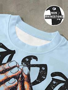 Manfinity Roghcode Men's Light Blue Summer Streetwear City Break T-Shirt,Oversized Letter Cartoon Pattern Print,Loose Round Neck Short Sleeve,Fashionable Y2K Campus Wear - Multicolor - View 4