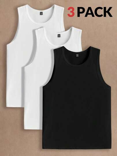 HIMLAND 3pcs/Pack Men's Casual Solid Color Knit Sleeveless Vest, Suitable For Daily Wear