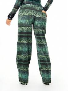 SUMWON WOMEN 女士蛇纹高腰阔腿裤 绿色动物纹喇叭裤 秋冬时尚 - 綠色 - 查看 2