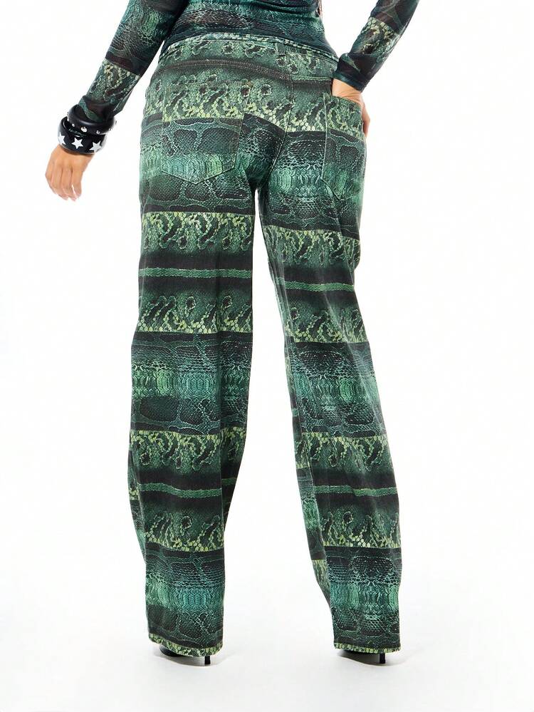 SUMWON WOMEN Women Snake Print High Waisted Wide Leg Palazzo Pants Green Animal Pattern Flare Trousers Fall Winter Fashion