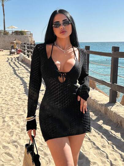 EURMUSE Vacation Beach Solid Color Hollow Out Knit Sexy Cover Up