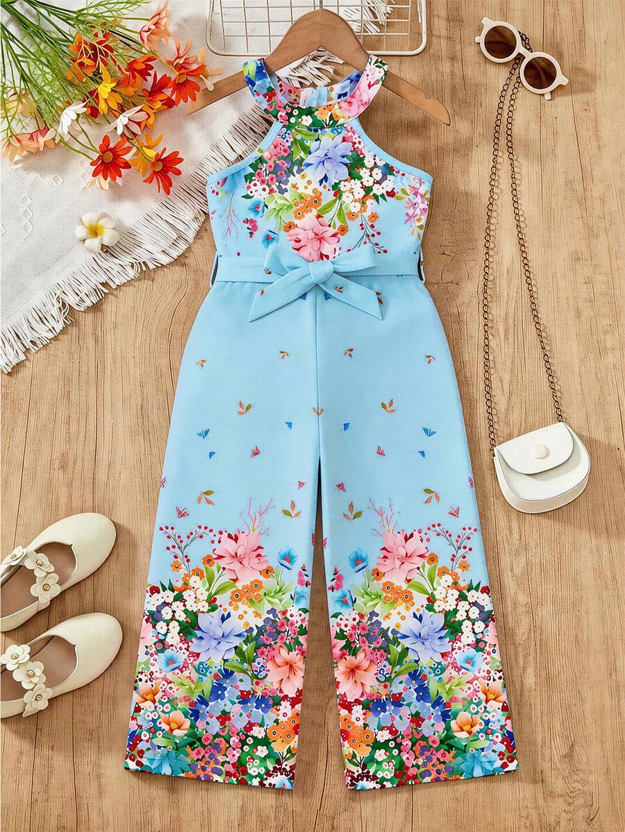 Mono informal con estampado floral y nudo para niña para uso diario - Celeste - Ver 1