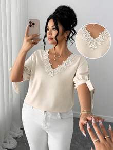 Elenzga Elegant Off-Shoulder Round Neck Ruffle Tie-Up Half Sleeve Pearl Decor Plus Size Women Blouse - Apricot - View 1