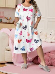 SHEIN CURVE+ Curve Plus 红色心形印花长裙，情人节 - 彩色 - 查看 6