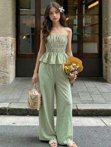 Girlism Teen Girls Mint Green Chiffon Camisole & Wide Leg Pants 2 Pieces Vacation Casual Outfit Woven Texture Green Outfit Linen Two Piece Set Spring 2 Piece Sets Summer Matching Set Summer Pants Sets - Green - View 2