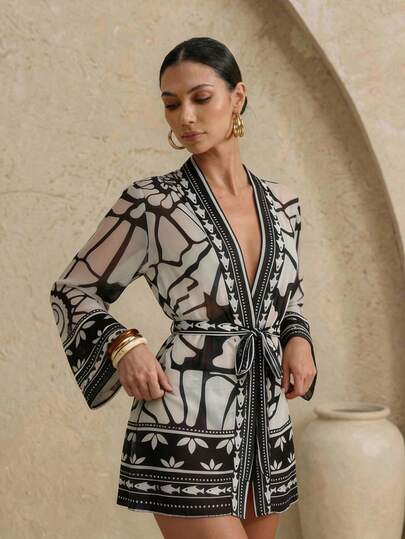 Swim Chiccia Boho Beach Vacation Ocean Inspired Shell Print Chiffon Kimono Cover Up For Women