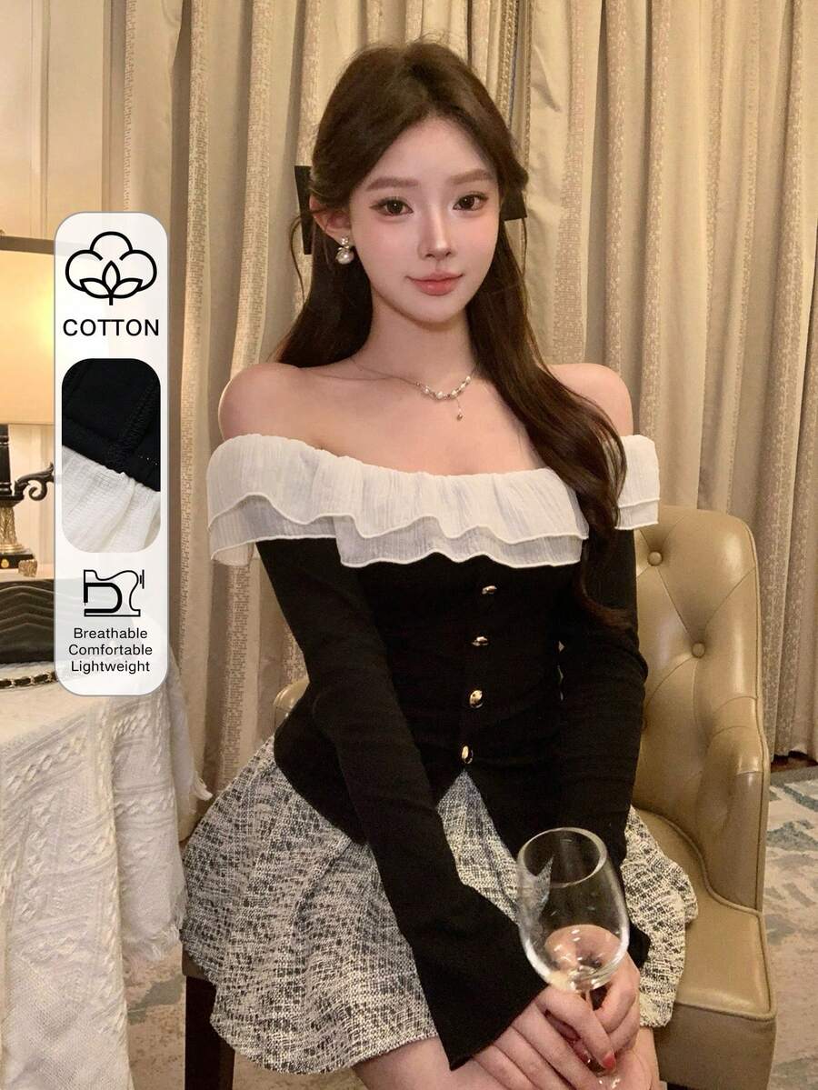DAZY 春夏两用荷叶边撞色T恤，优雅百搭，适合情人节、婚礼、派对、时尚活动，修身露肩黑色长袖T恤 - 黑色 - 查看 1